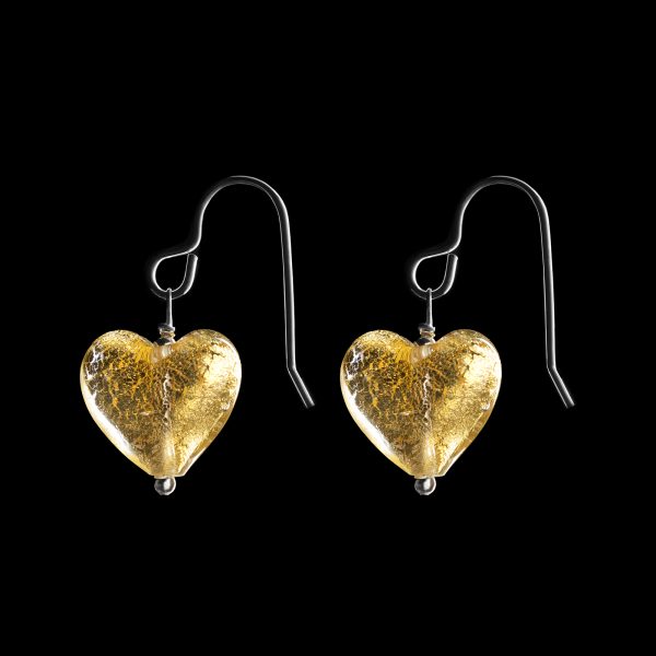 gold murano glass heart earrings
