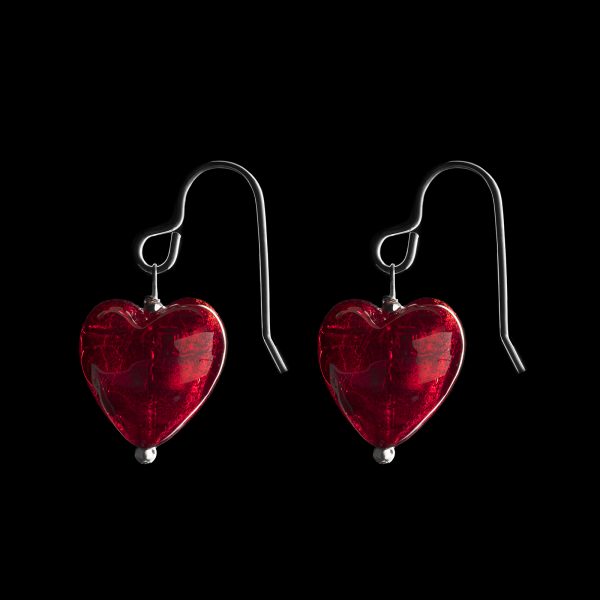 murano glass heart earrings red